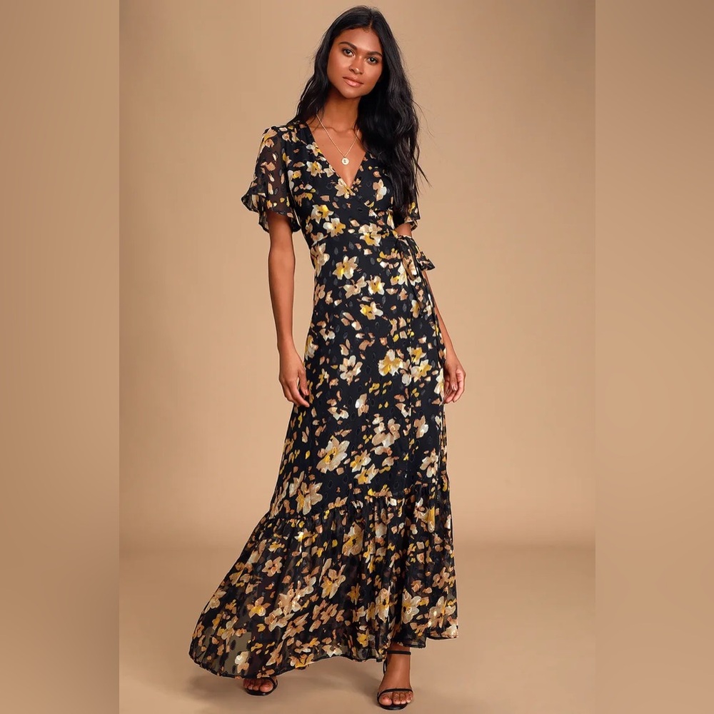 Lulu’s Lean On Me Black Multi Print Wrap Maxi Dress. New with Tag. Size XL.